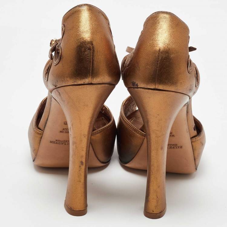 Pre Owned Ralph Lauren Collection Gold Leather Platform Ankle Strap Sandals Size 40
