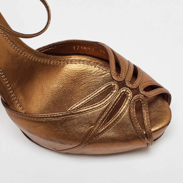 Pre Owned Ralph Lauren Collection Gold Leather Platform Ankle Strap Sandals Size 40