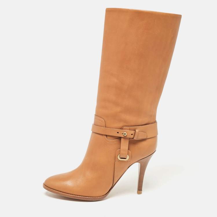 مملوكة مسبقًا Ralph Lauren Collection Brown Leather Kelsey Mid Calf Boots Size 40