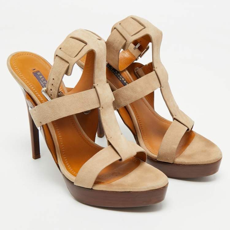Pre Owned Ralph Lauren Collection Beige Suede Platform Sandals Size 39.5