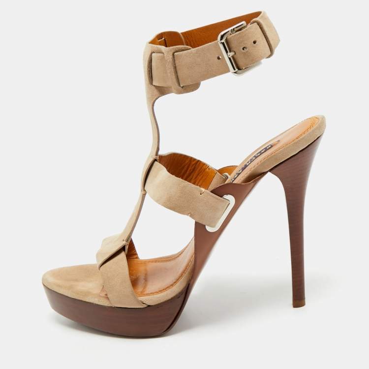 Pre Owned Ralph Lauren Collection Beige Suede Platform Sandals Size 39.5