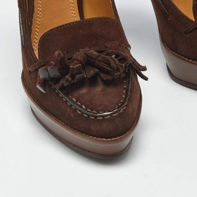 Pre Owned Ralph Lauren Brown Suede Tassel Platform Loafer Pumps Size 39