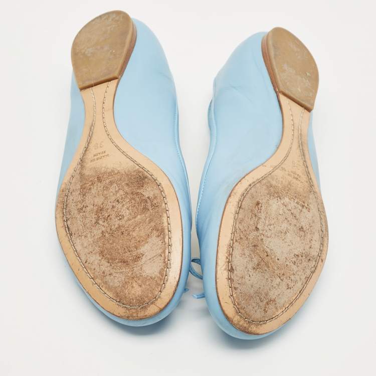 Pre Owned Ralph Lauren Collection Blue Leather Ankle Tie Up Ballet Flats Size 38