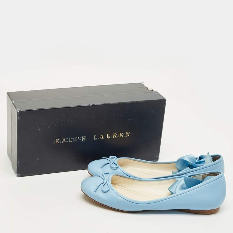 Pre Owned Ralph Lauren Collection Blue Leather Ankle Tie Up Ballet Flats Size 38