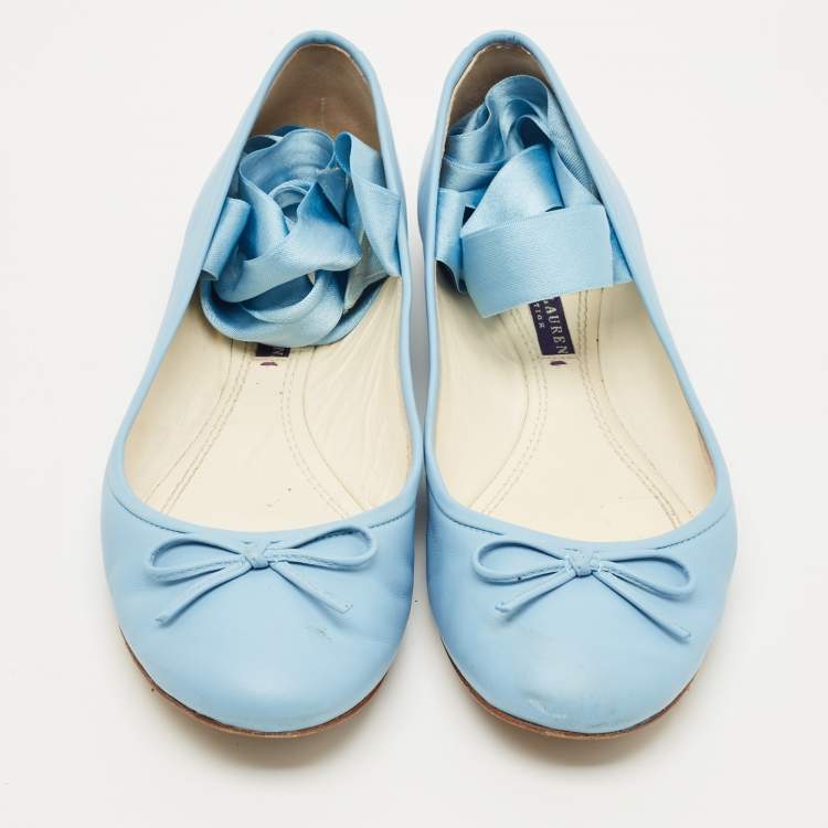 Pre Owned Ralph Lauren Collection Blue Leather Ankle Tie Up Ballet Flats Size 38