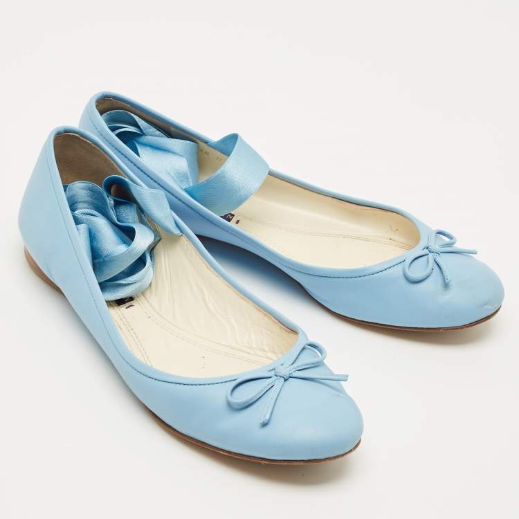 Pre Owned Ralph Lauren Collection Blue Leather Ankle Tie Up Ballet Flats Size 38