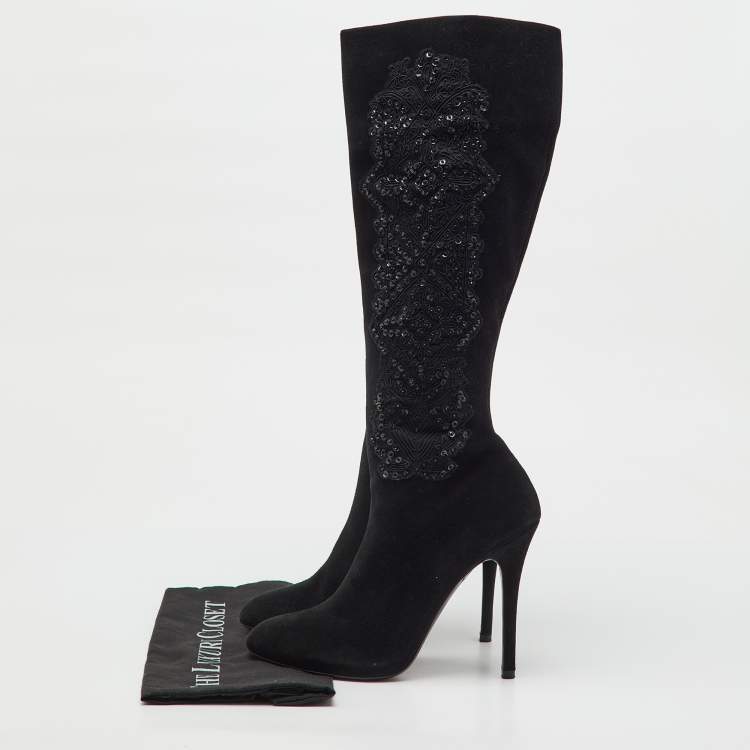 Pre Owned Ralph Lauren Collection Black Suede Embroidered Patchwork Knee Length Boots Size 40
