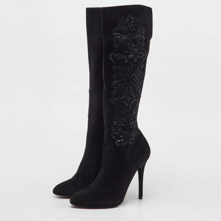 Pre Owned Ralph Lauren Collection Black Suede Embroidered Patchwork Knee Length Boots Size 40