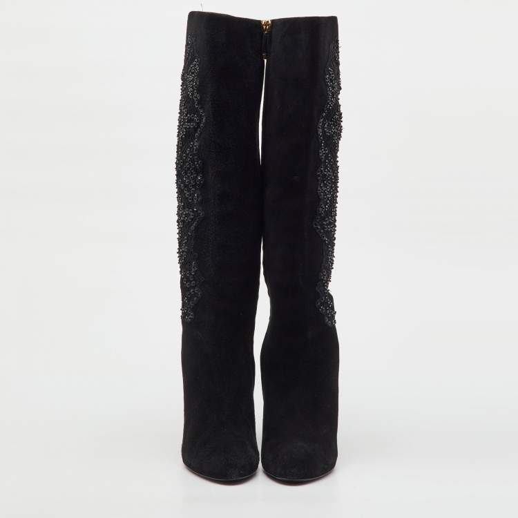 Pre Owned Ralph Lauren Collection Black Suede Embroidered Patchwork Knee Length Boots Size 40
