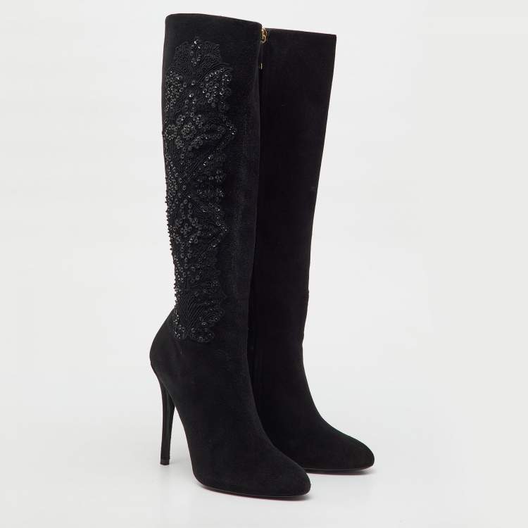 Pre Owned Ralph Lauren Collection Black Suede Embroidered Patchwork Knee Length Boots Size 40