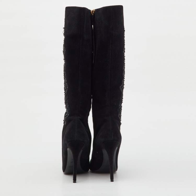 Pre Owned Ralph Lauren Collection Black Suede Embroidered Patchwork Knee Length Boots Size 40