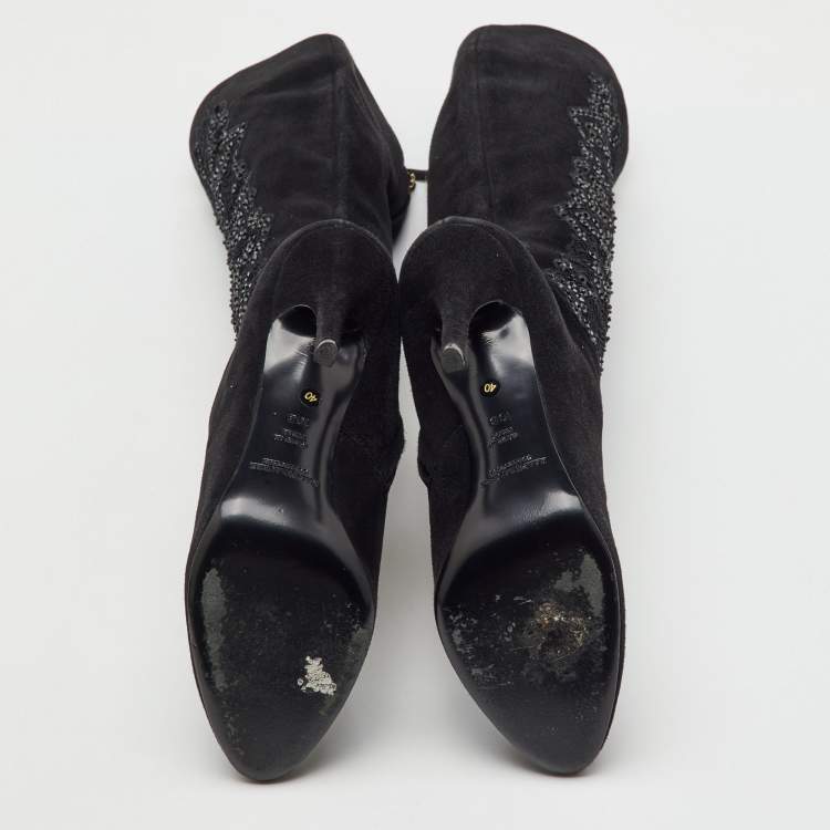 Pre Owned Ralph Lauren Collection Black Suede Embroidered Patchwork Knee Length Boots Size 40