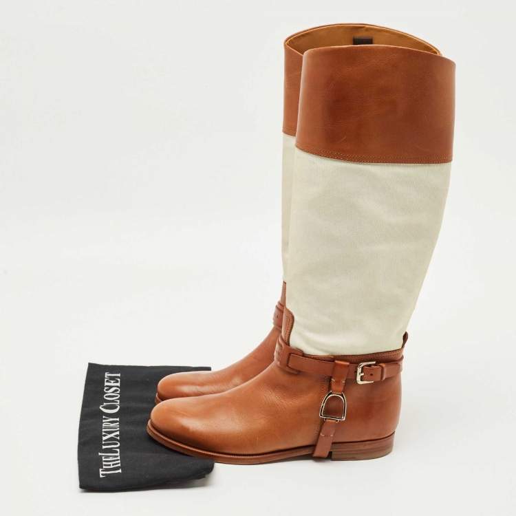 Pre Owned Ralph Lauren Collection Tan/White Canvas and Leather Riding Knee Length Boots Size 38