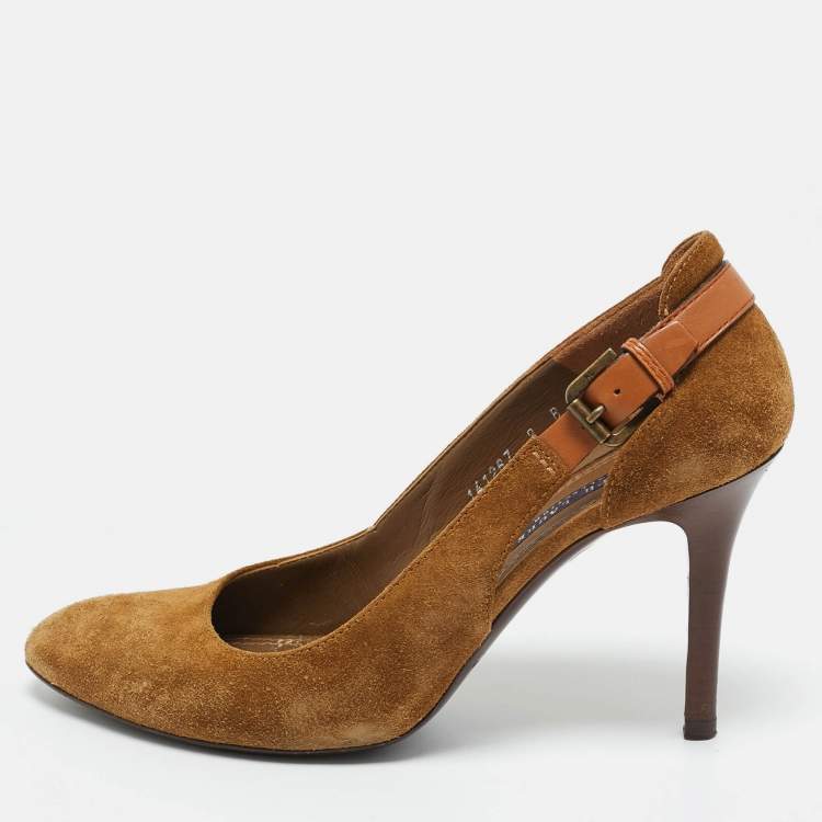 Pre Owned Ralph Lauren Brown Suede SIde Buckle Round Toe Pumps Size 39