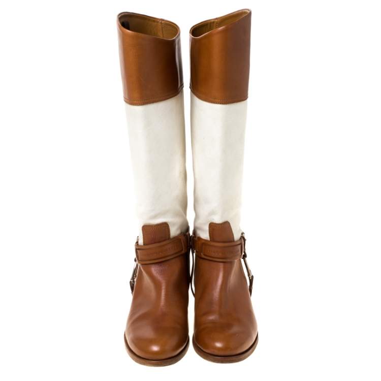 Pre Owned Ralph Lauren Tan/White Canvas and Leather Riding Knee High Boots Size 37