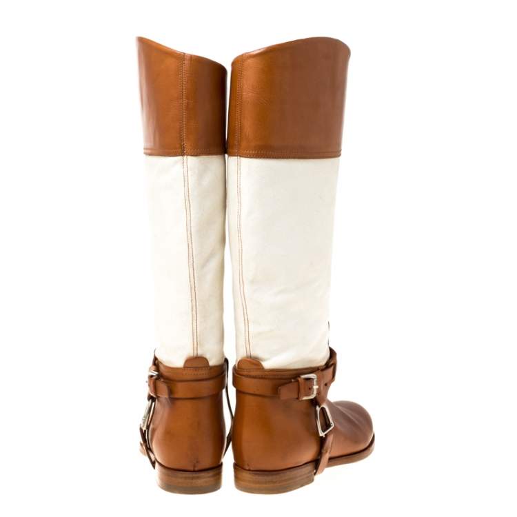 Pre Owned Ralph Lauren Tan/White Canvas and Leather Riding Knee High Boots Size 37