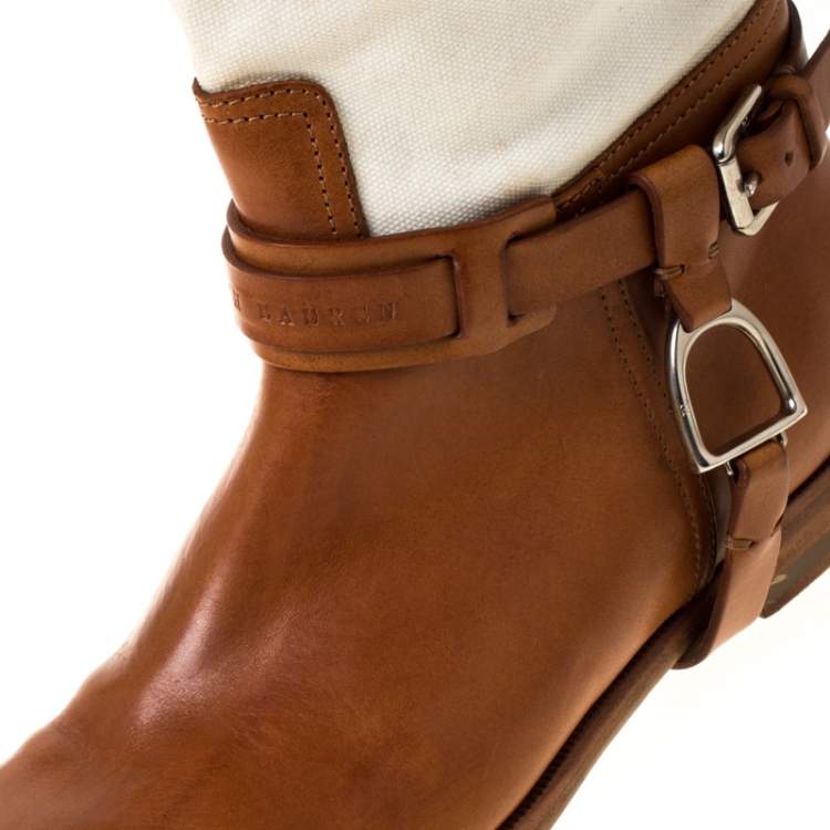 Pre Owned Ralph Lauren Tan/White Canvas and Leather Riding Knee High Boots Size 37