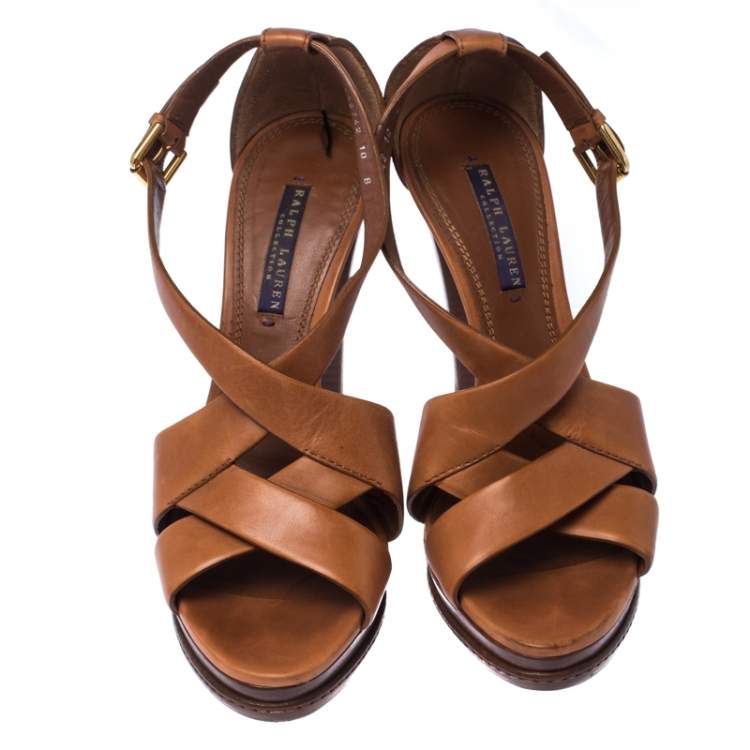 Pre Owned Ralph Lauren Collection Brown Leather Strappy Platform Sandals Size 40