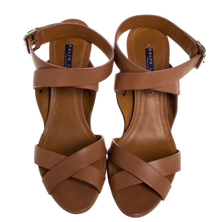 Pre Owned Ralph Lauren Collection Brown Leather Strappy Platform Sandals Size 40.5