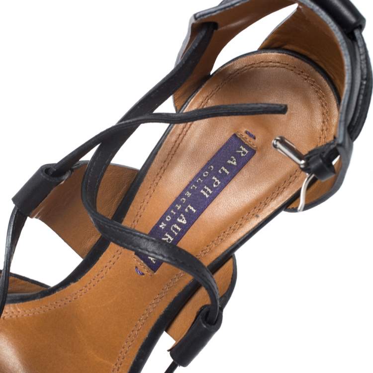 Pre Owned Ralph Lauren Collection Black Leather Platform Ankle Strap Sandals Size 38.5