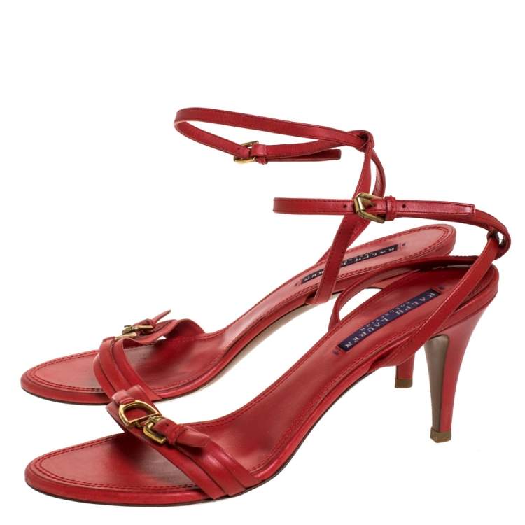 Pre Owned Ralph Lauren Collection Red Leather Horsebit And Buckle Detail Ankle Strap Sandals Size 39