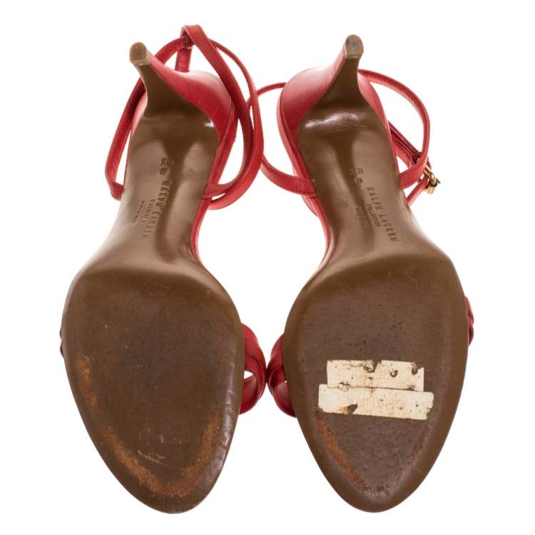 Pre Owned Ralph Lauren Collection Red Leather Horsebit And Buckle Detail Ankle Strap Sandals Size 39
