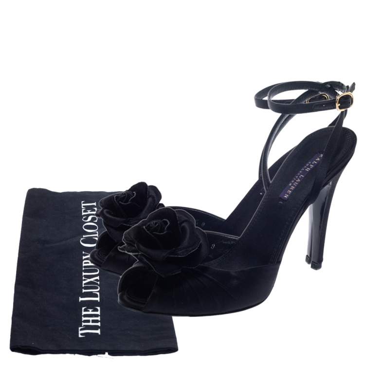 Pre Owned Ralph Lauren Collection Black Satin Rose Peep Toe Ankle Wrap Sandals Size 39