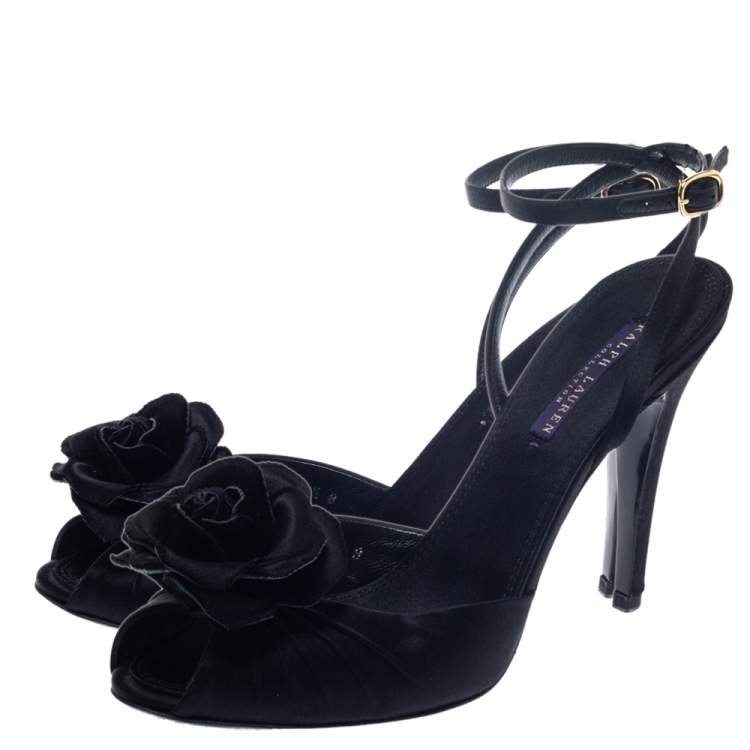 Pre Owned Ralph Lauren Collection Black Satin Rose Peep Toe Ankle Wrap Sandals Size 39