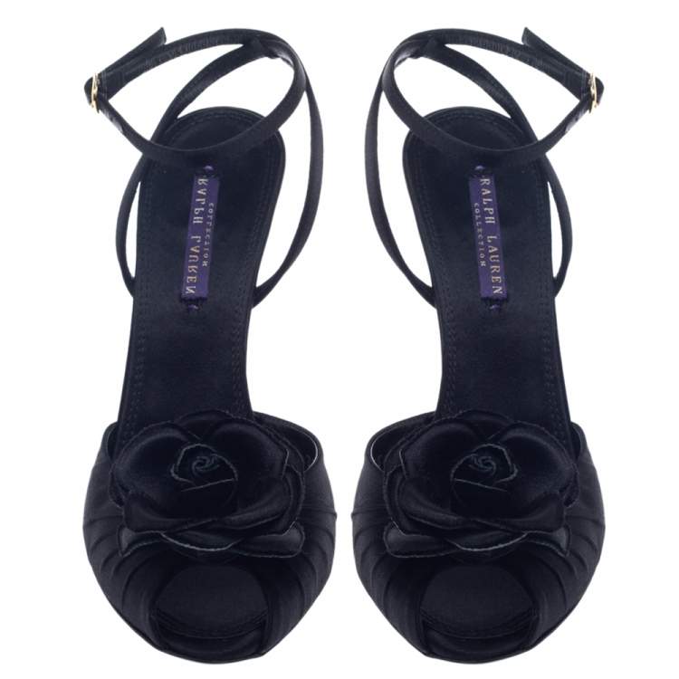 Pre Owned Ralph Lauren Collection Black Satin Rose Peep Toe Ankle Wrap Sandals Size 39