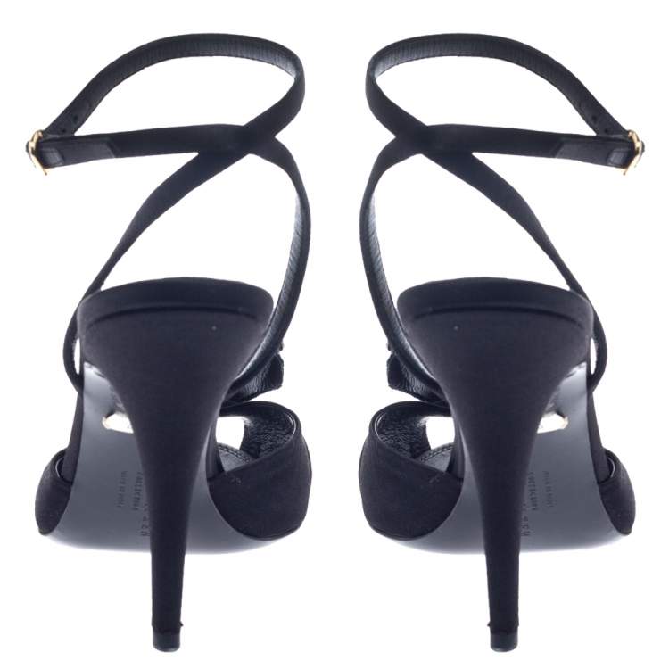 Pre Owned Ralph Lauren Collection Black Satin Rose Peep Toe Ankle Wrap Sandals Size 39