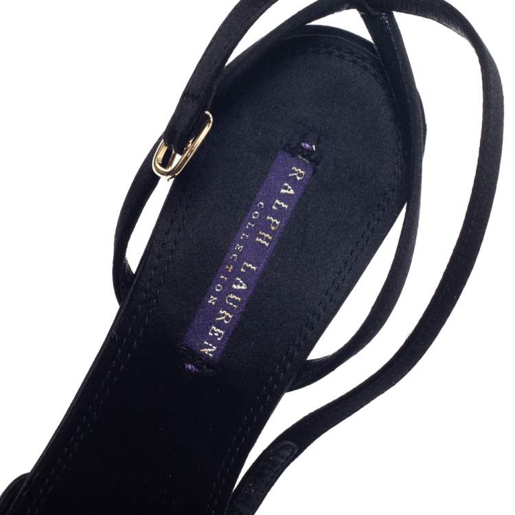 Pre Owned Ralph Lauren Collection Black Satin Rose Peep Toe Ankle Wrap Sandals Size 39