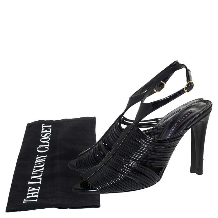 Pre Owned Ralph Lauren Black Patent Leather Ankle Strap Sandals Size 37.5