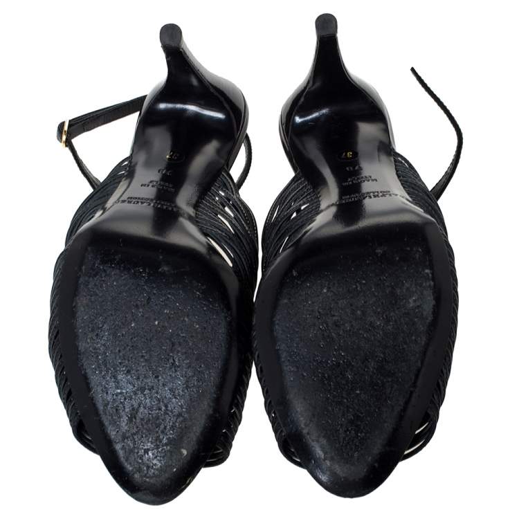 Pre Owned Ralph Lauren Black Patent Leather Ankle Strap Sandals Size 37.5