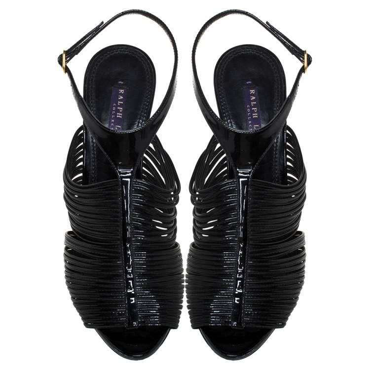 Pre Owned Ralph Lauren Black Patent Leather Ankle Strap Sandals Size 37.5