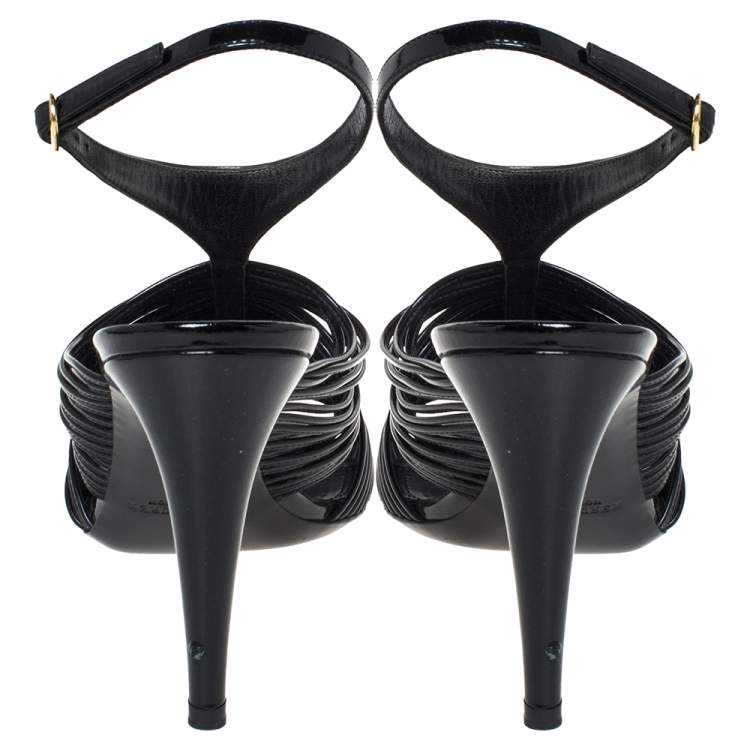 Pre Owned Ralph Lauren Black Patent Leather Ankle Strap Sandals Size 37.5