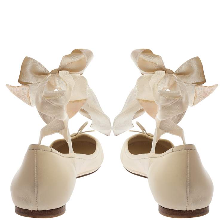 Pre Owned Ralph Lauren White Leather Bow Ankle Wrap Ballet Flats Size 41