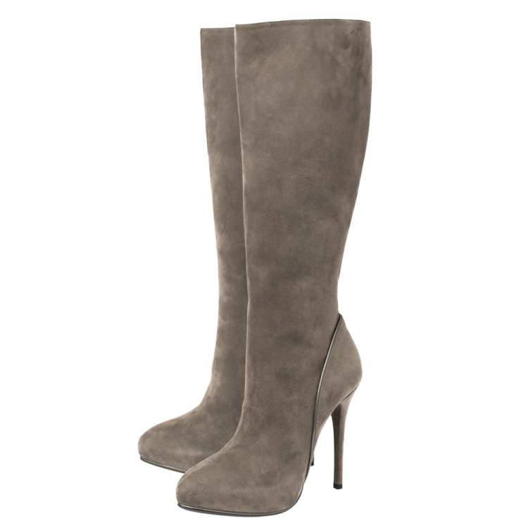 Pre Owned Ralph Lauren Grey Suede Heel High Boots Size 38.5