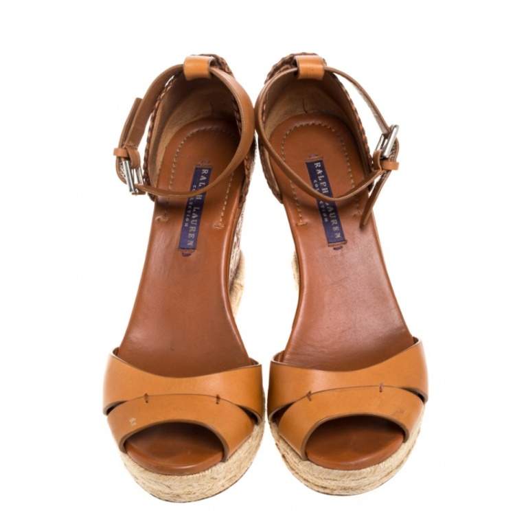 Pre Owned Ralph Lauren Brown Floral Leather Espadrille Wedge Platform Ankle Strap Sandals Size 39