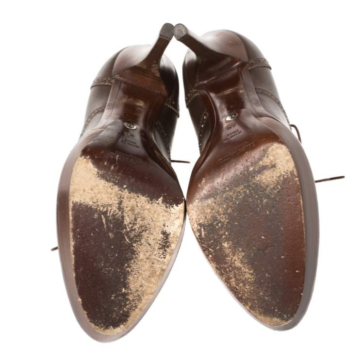 Pre Owned Ralph Lauren Brown Leather Brogue Platform Booties Size 38.5