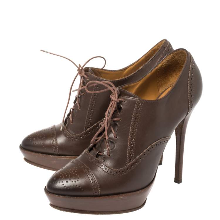 Pre Owned Ralph Lauren Brown Leather Brogue Platform Booties Size 38.5