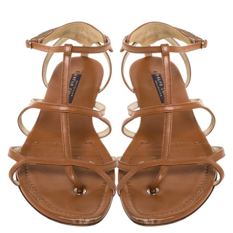 Pre Owned Ralph Lauren Brown Leather Caged Flat Sandals Size 40