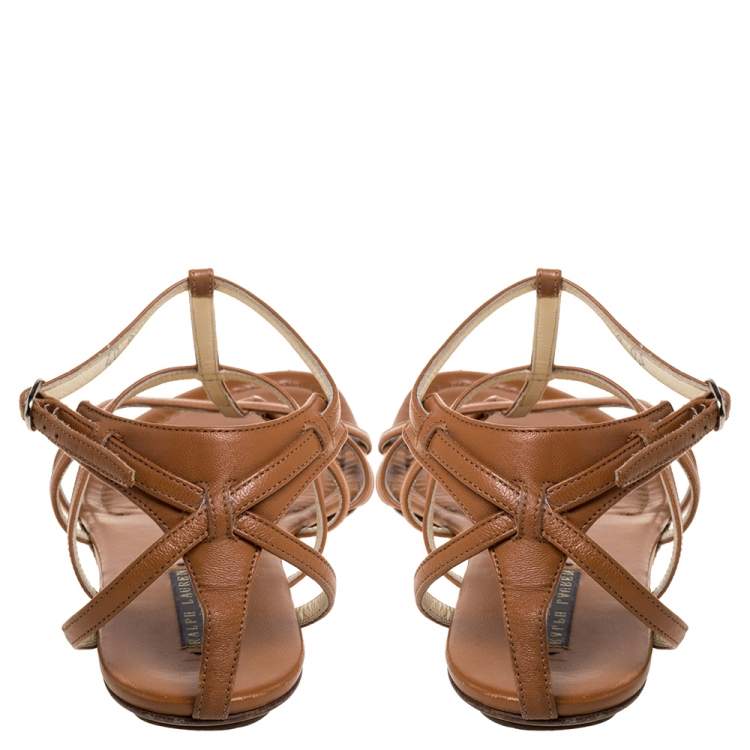 Pre Owned Ralph Lauren Brown Leather Caged Flat Sandals Size 40