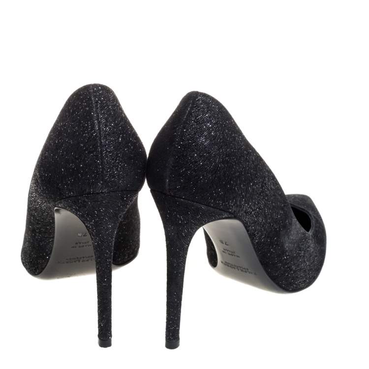 Pre Owned Ralph Lauren Black Glitter Pointed Toe Pumps Size 37