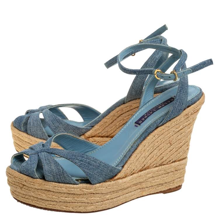 Pre Owned Ralph Lauren Blue Denim Platform Ankle Strap Espadrille Wedge Sandals Size 37.5