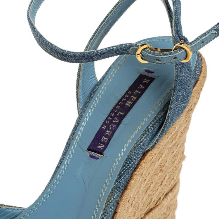 Pre Owned Ralph Lauren Blue Denim Platform Ankle Strap Espadrille Wedge Sandals Size 37.5