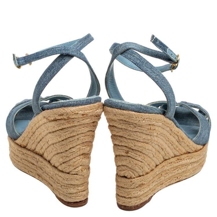 Pre Owned Ralph Lauren Blue Denim Platform Ankle Strap Espadrille Wedge Sandals Size 37.5