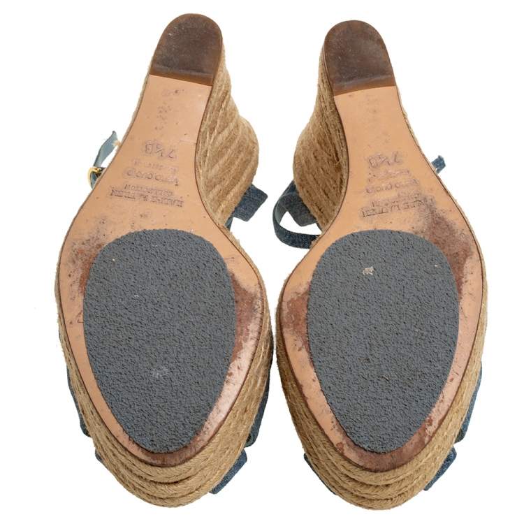 Pre Owned Ralph Lauren Blue Denim Platform Ankle Strap Espadrille Wedge Sandals Size 37.5