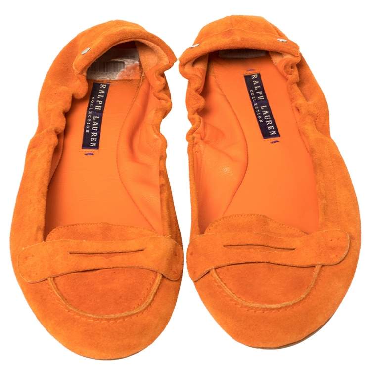 Pre Owned Ralph Lauren Collection Orange Suede Penny Scrunch Ballet Flats Size 39.5