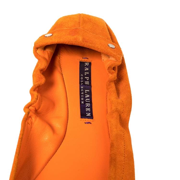 Pre Owned Ralph Lauren Collection Orange Suede Penny Scrunch Ballet Flats Size 39.5
