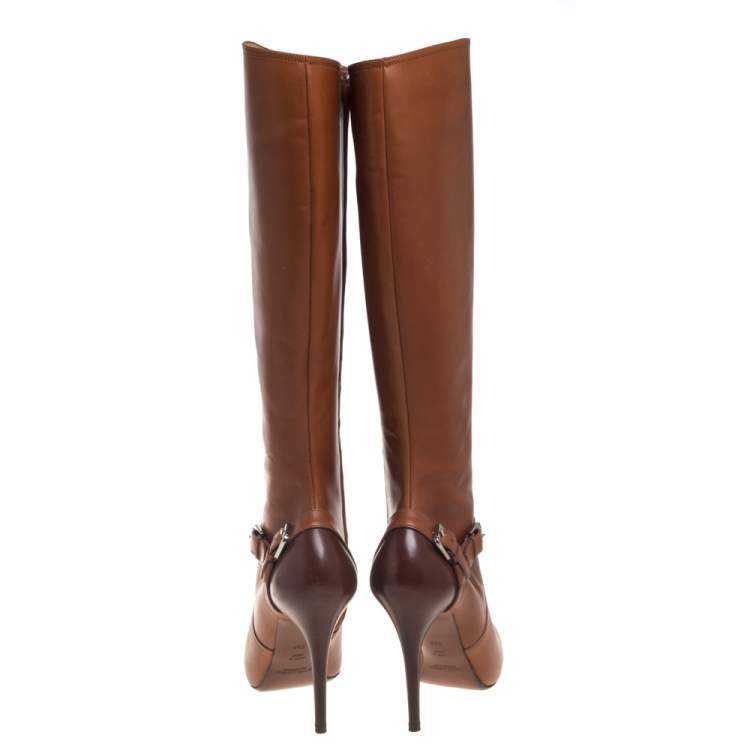 مملوكة مسبقًا Ralph Lauren  Brown Leather Vivera Buckle Detail Knee Length Boots Size 36.5